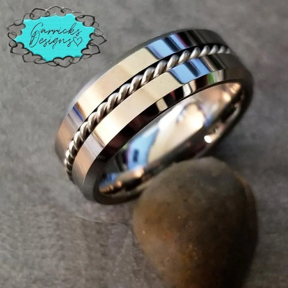 Men's Silver Tungsten Wedding Ring Twisted Wire Cable Inlay  Wedding Band